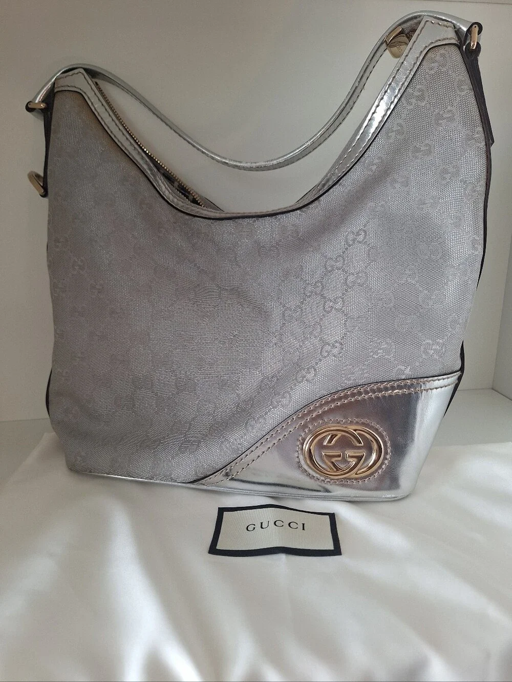 Gucci Metallic Silver Monogram Hobo EUC